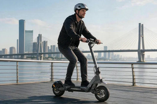 Man riding Freeboy J11 Ultra electric scooter along riverside city promenade