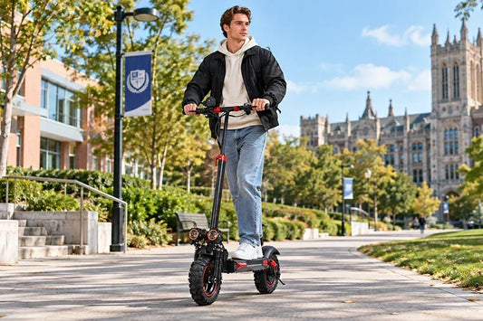 Young man riding Freeboy J01 electric scooter on university campus