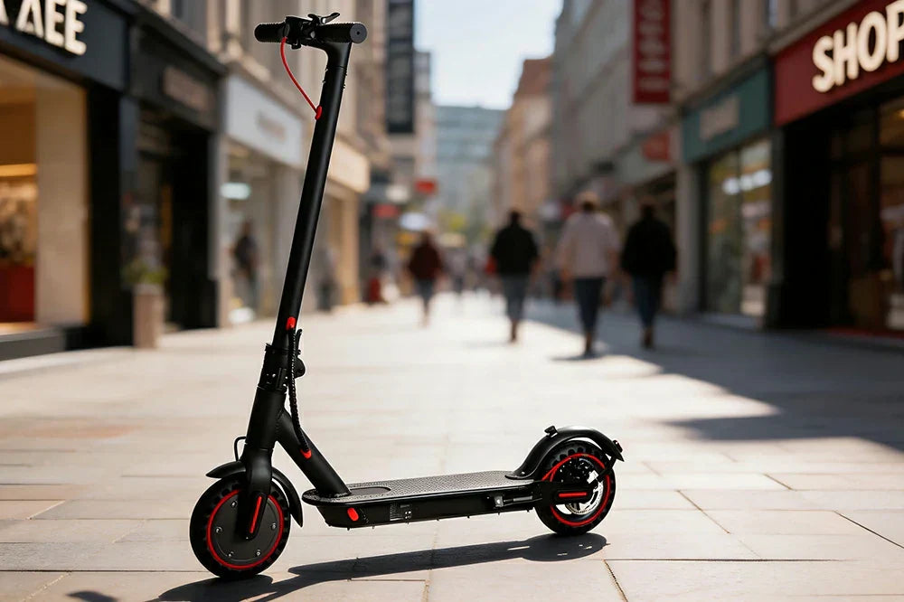 Freeboy J03 lightweight foldable city electric scooter with black & red accents on European pedestrian shopping street.