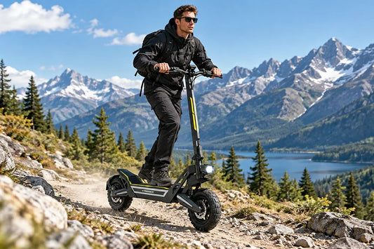 Man riding Freeboy J2 Max electric scooter on mountain trail with lake and snow peaks.