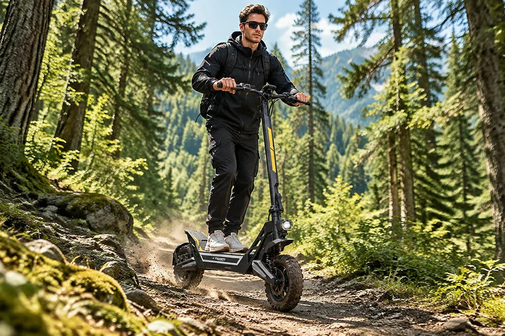 Man riding Freeboy J2 Max off-road electric scooter on dirt trail in pine mountain forest.