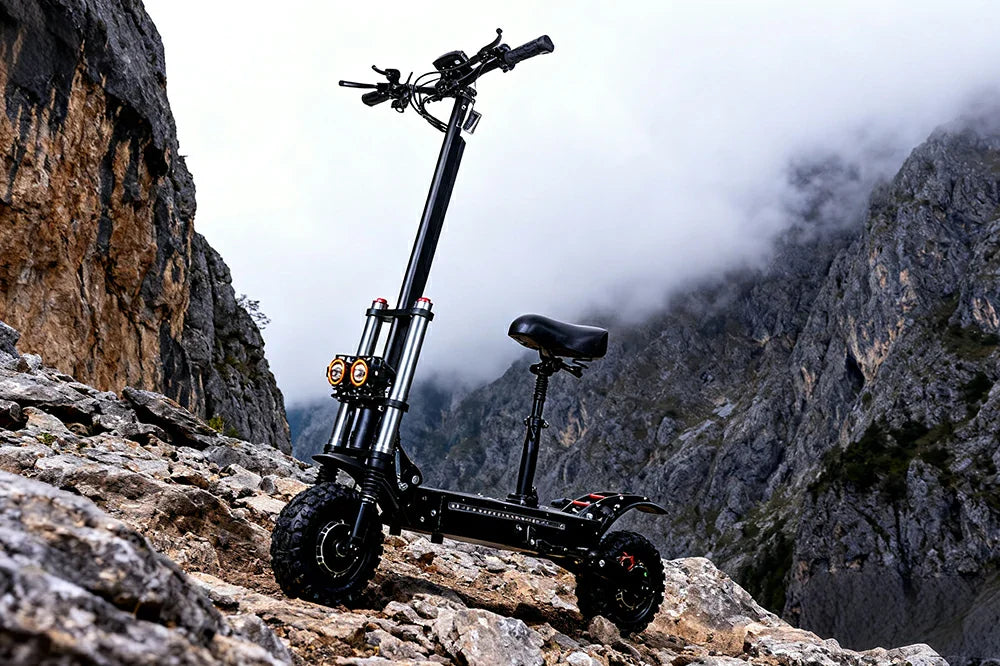 Freeboy J30 Max heavy-duty off-road electric scooter with seat, parked on rocky misty mountain cliffs.