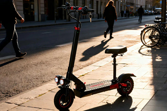 Golden hour urban sidewalk static shot of black-red Freeboy J01 seated foldable electric scooter parked along bustling city street with pedestrian traffic.