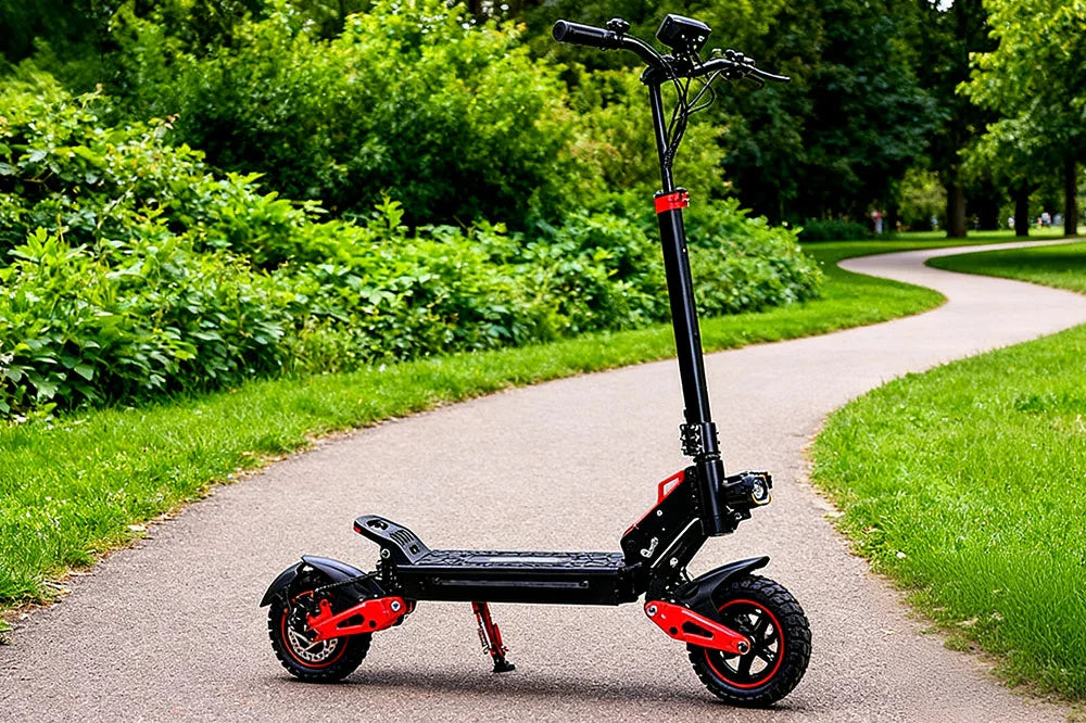 Freeboy J15 Max black-red foldable off-road electric scooter resting on winding park trail surrounded by lush green foliage.