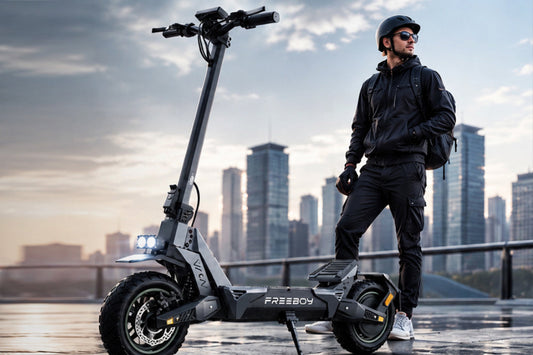 Helmeted man standing beside rugged Freeboy J11 Ultra off‑road electric scooter against modern city skyline