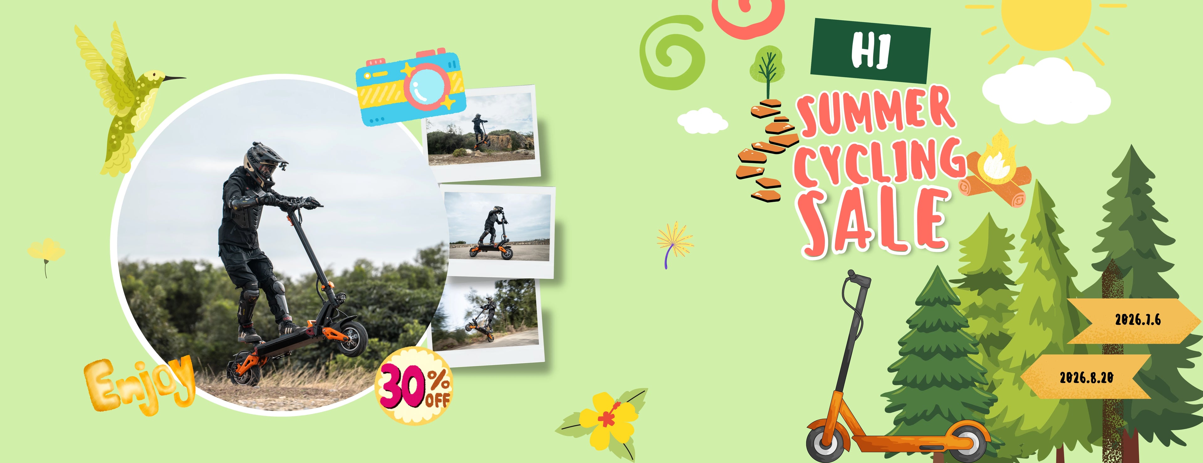 Cute cartoon style Summer Cycling Sale wide banner for off-road electric scooter, 30% off discount, outdoor stunt riding photos, light green camping forest background, sale date 2026.7.6 - 2026.8.20.
