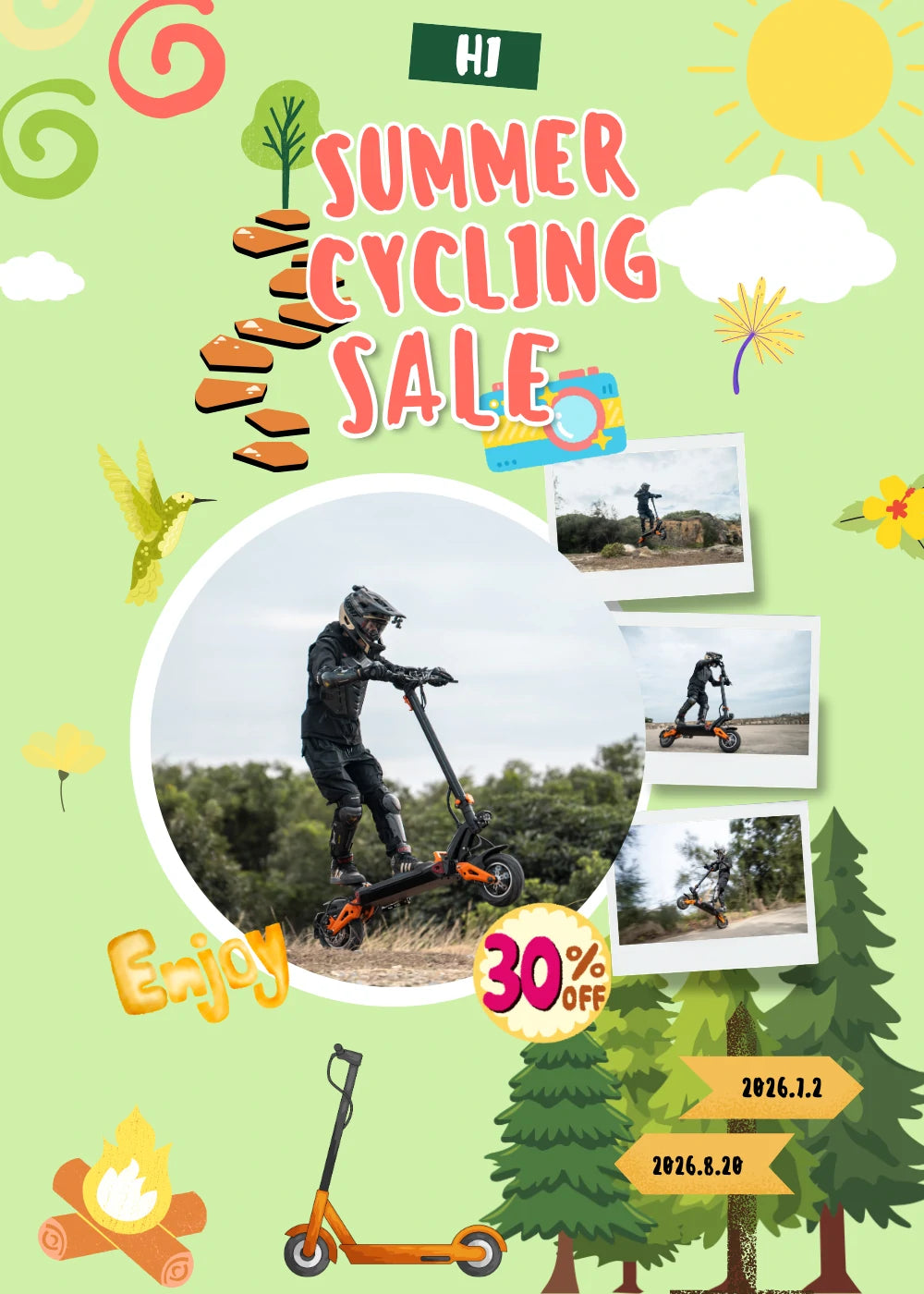 Cartoon camping themed Summer Cycling Sale vertical poster for off-road electric scooter, 30% off, stunt riding lifestyle images, sale duration July 6 - Aug 20 2026.